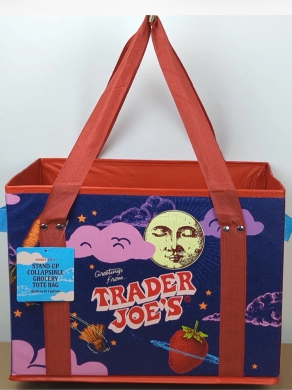 NEW TRADER JOE'S STAND UP COLLAPSIBLE TOTE GROCERY BAG STURDY AND STORABLE